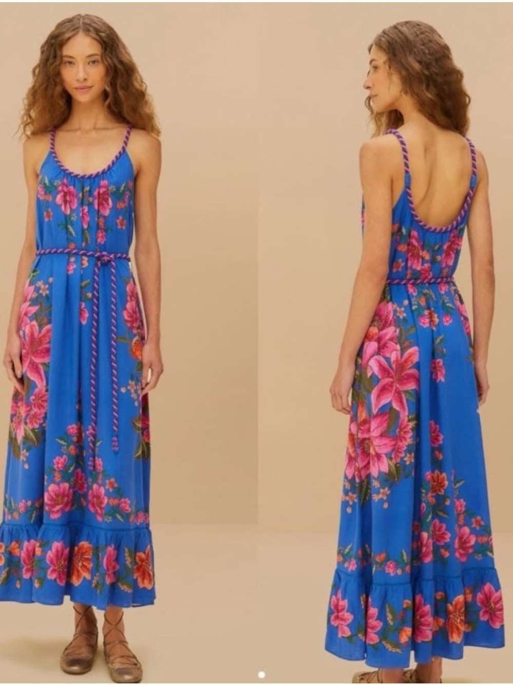 FARM Rio Blue Floral Scoop-Back Maxi Dress with Rope Detail